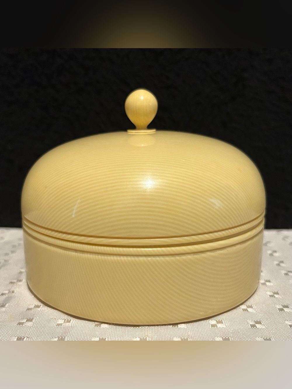 Vintage Ivory Py Ra Lin Celluloid powder puff box Vanity set